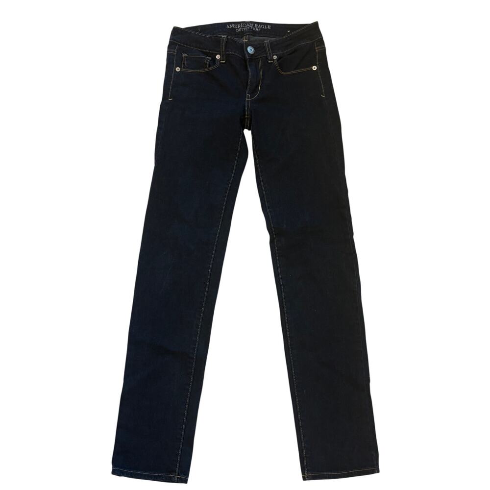 American Eagle Jeans Womens Sz 2 Blue Skinny Stretch Low Rise Dark Wash Hipster